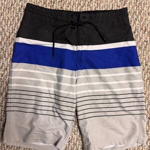 Men's Black and Blue Striped Swim Shorts